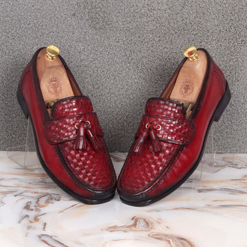 Wine Leather Loafers Shoe with Weaved Vamp & Tassel With Leather Sole
