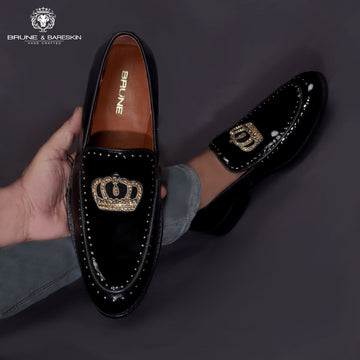 Studded Apron Leather Loafers in Black Patent Crown Zardosi