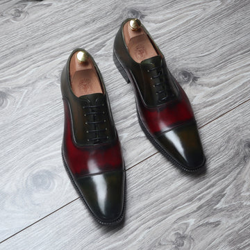 Olive-Wine Dual Shade Leather Cap Toe Oxford Shoes By Brune & Bareskin