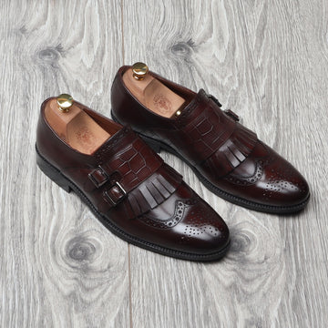 Fringes With Double Monk Strap in Dark Brown Croco Embossed Leather