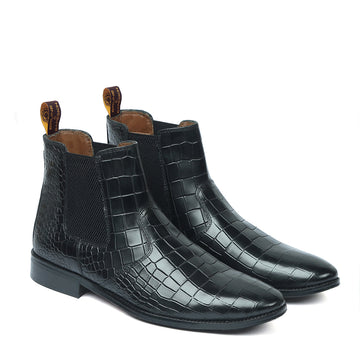 Black Deep Cut Croco Leather Hand Made Chelsea Boots For Men By Brune & Bareskin