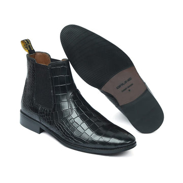 Black Deep Cut Croco Leather Hand Made Chelsea Boots For Men By Brune & Bareskin