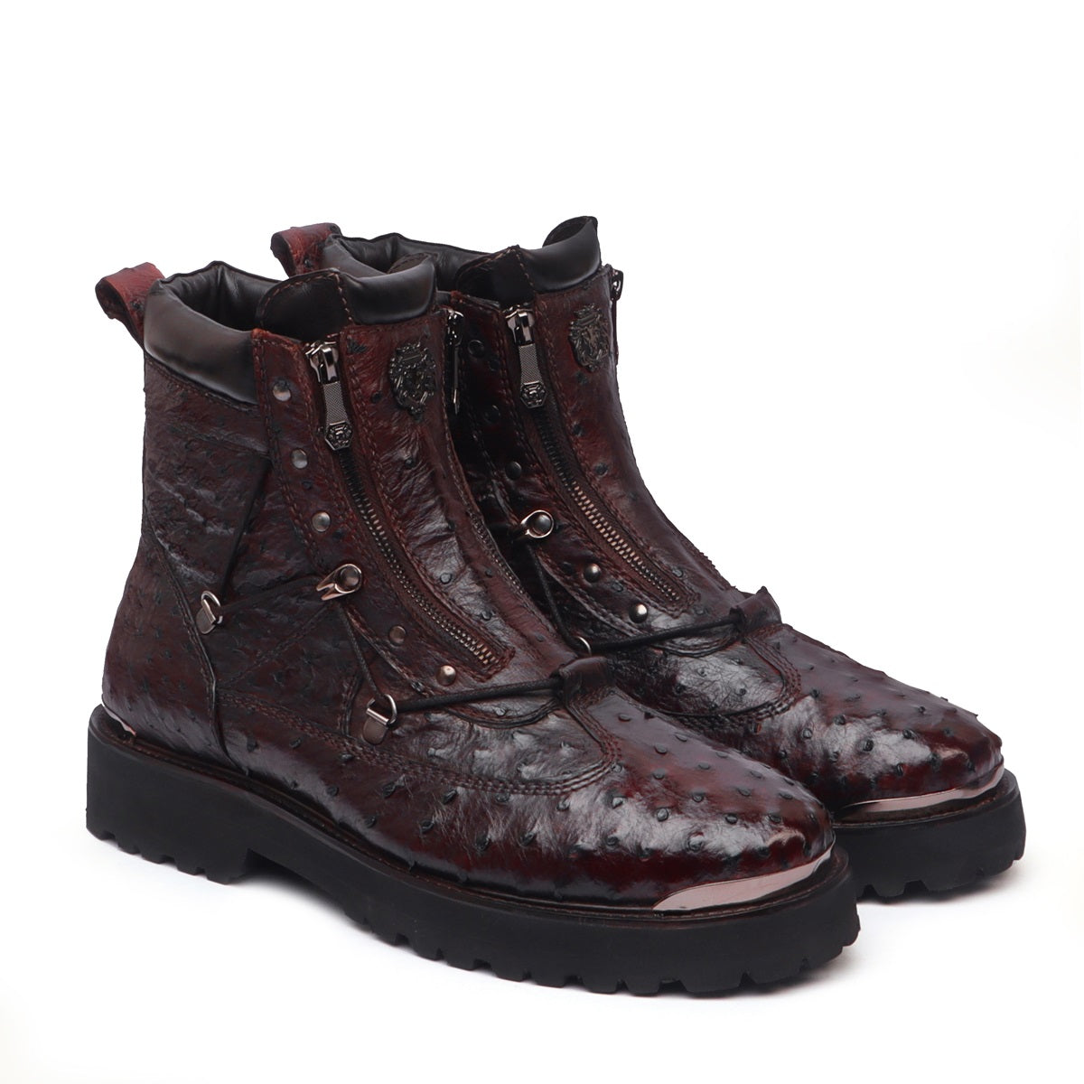 Exotic Ostrich Chunky Boot in Dark Brown Leather With Gun Metal Plate On Toe