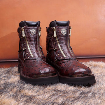 Real Ostrich Chunky Boot In Tobacco Dark Brown With Metal Plate On Toe