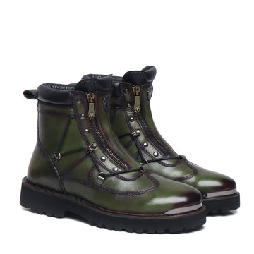 Green Chunky Boots With Metal Plate on Toe