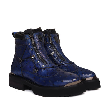 Chunky Boot in Real Ostrich Blue Leather With Metal Plate