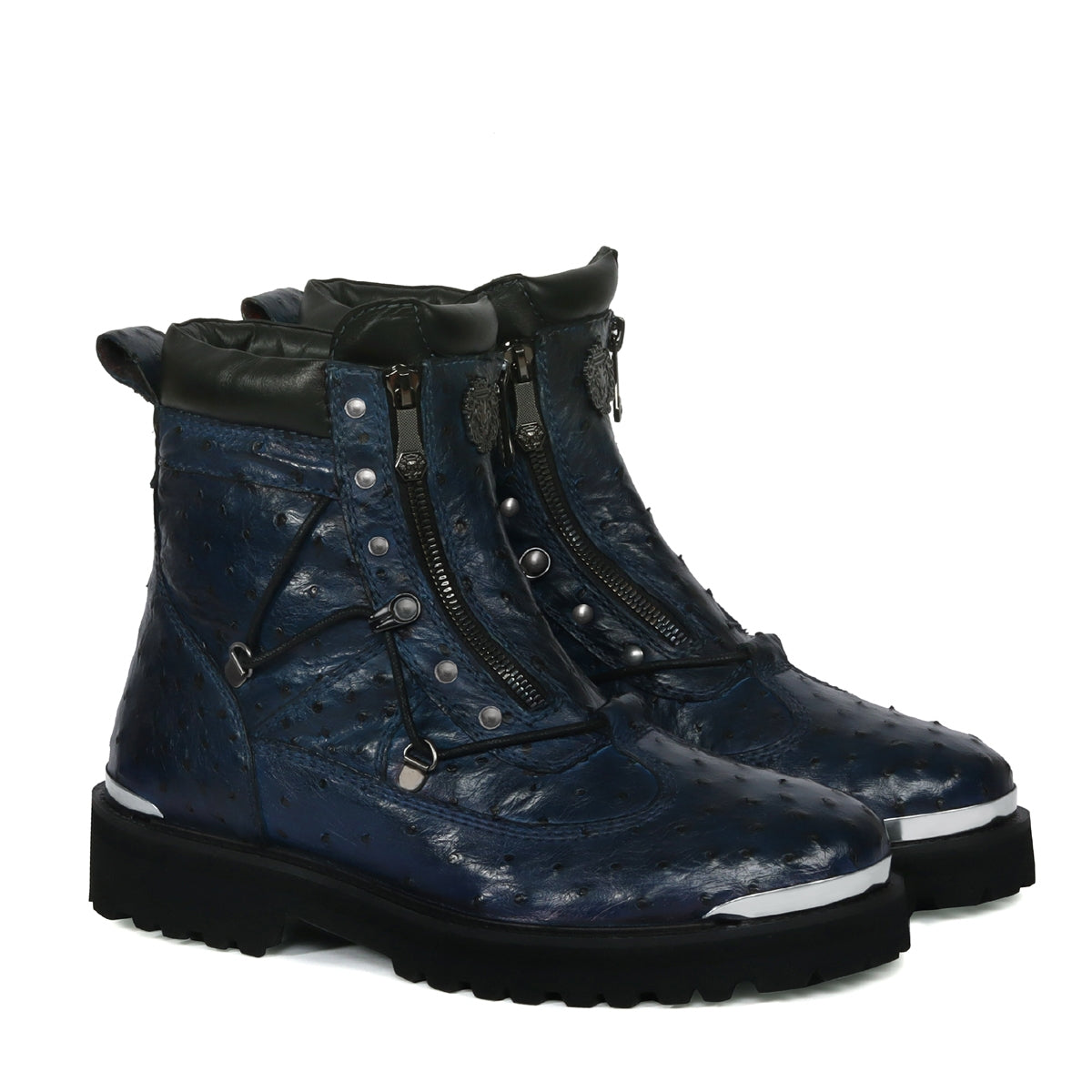 Navy Blue Chunky Boot New Shape Real Ostrich Leather with Metal Plate
