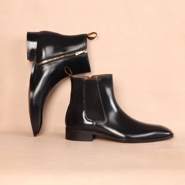 Black Zipper Chelsea Boots With Leather Sole