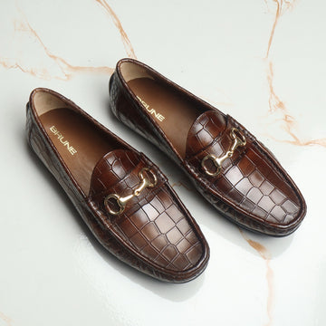 Dark Brown Loafers in Croco Textured Leather with Horse-bit Buckle