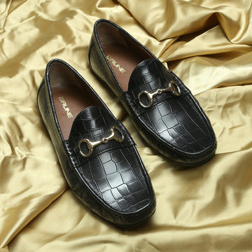 Deep Cut Leather Black Loafers With Horse-bit Buckle