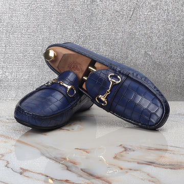 Blue Croco Textured Leather Loafer With Horse-bit Buckle