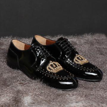 Black Patent Leather Lace-Up Shoes with Ethnic Studded Crown Zardosi by Brune & Bareskin