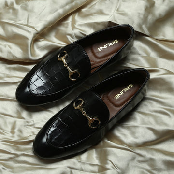 Black Horsebit Loafers With Deep Cut Croco Leather at Vamp