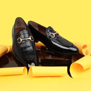 Black Patent Leather Loafer with Deep Cut Design at Vamp