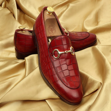 Wine Deep Cut Croco Leather Horsebit Apron Toe Loafers for Men by Brune & Bareskin