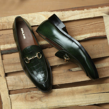 Green Horse-bit Loafers with Deep Cut Croco Leather at Vamp
