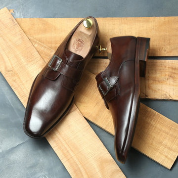 Dark Brown Leather Slant Toe Derby Monk Strap Shoes by Brune & Bareskin