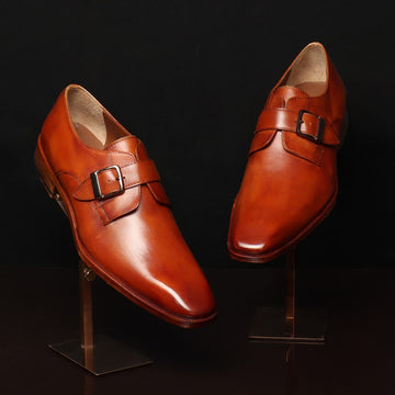 Tan Leather Slant Toe Derby Monk Strap Shoes by Brune & Bareskin