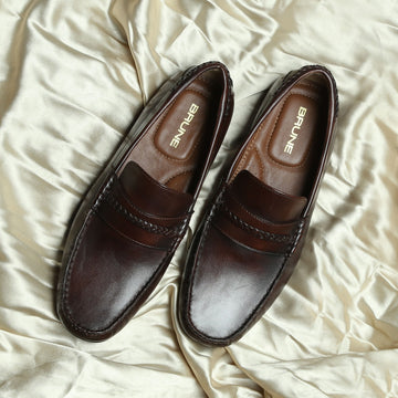 Weaved Moccasin Loafers Dark Brown Leather