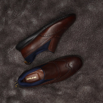 Dark Brown Leather Blue Mesh Light Weight Slip-On Shoes by Brune & Bareskin