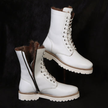 White Leather Boots with Smooth Fur Warm Plush Lined Side Zipper Lug Sole by Brune & Bareskin