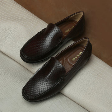 Dark Brown Snake Scales Textured Leather Moccasin Loafers by Brune & Bareskin