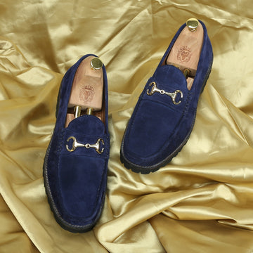 Chunky Sole Blue Loafers in Suede Leather With Horse-bit Buckle