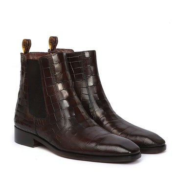 Dark Brown Chelsea Boots with Zip Closure in Croco Textured Leather