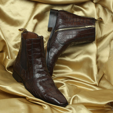 Dark Brown Chelsea Boots with Zip Closure in Croco Textured Leather