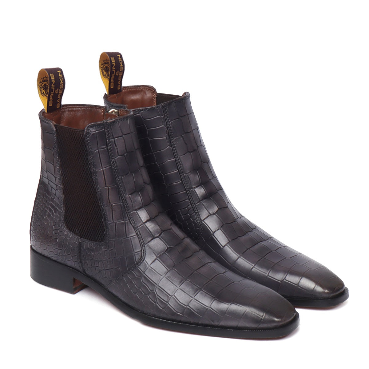 Grey Deep Cut Croco Textured Leather Chelsea Boots with Zip Closure by Brune & Bareskin