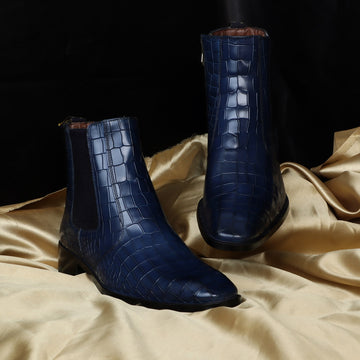 Blue Deep Cut Leather Chelsea Boots with Zip Closure
