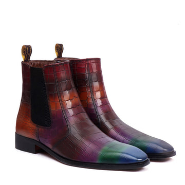 Multi-Colored Croco Textured Leather Chelsea Boots