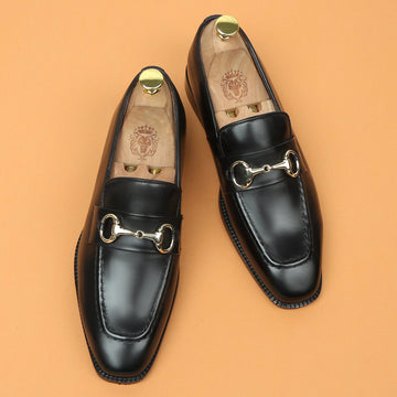 Black Leather Penny Loafers with horse-bit buckle