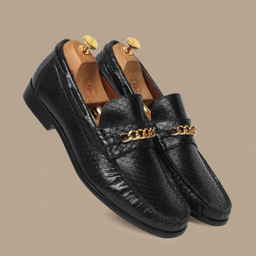 Black Snake Scales Leather Loafers with Golden Chain by Brune & Bareskin