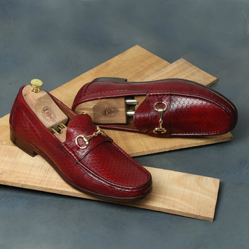 Wine Horsebit Snake Scales Leather Loafers with Leather Sole by Brune & Bareskin