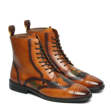 Handpainted Camo Vamp Tan Wingtip Brogue Light Weight Formal Leather Boots By Brune & Bareskin
