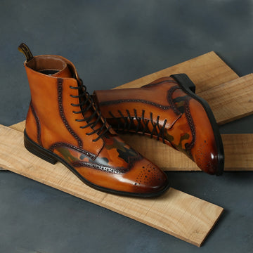Handpainted Camo Vamp Tan Wingtip Brogue Light Weight Formal Leather Boots By Brune & Bareskin