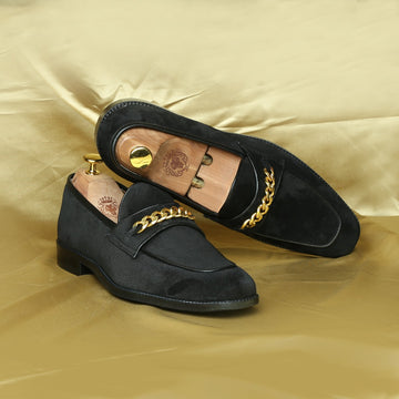 Black Suede Leather Penny Loafers with Golden Chain Embellishment