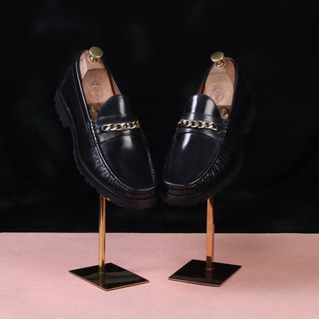 Black Chunky Sole Loafer with Golden Chain Embellishment