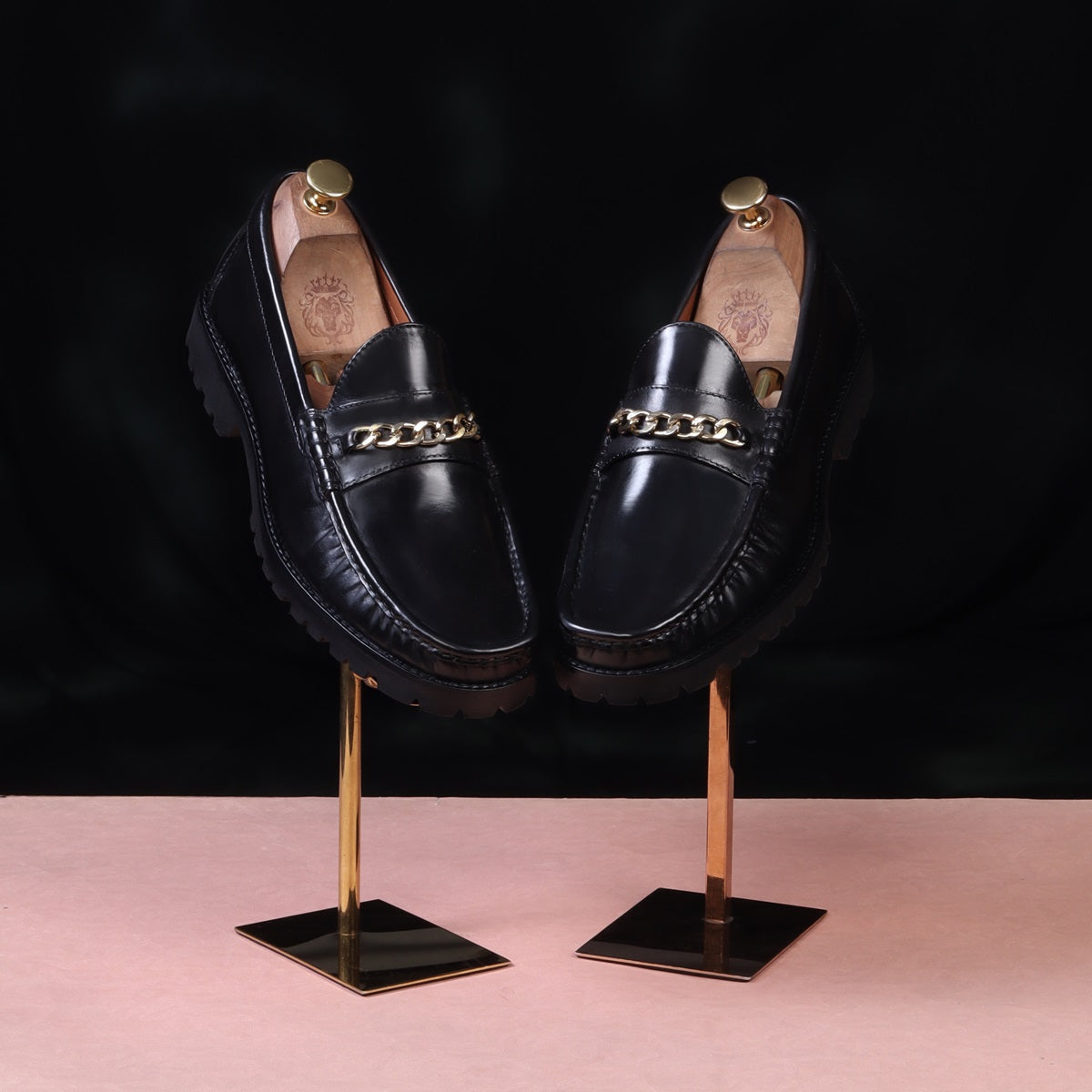 With Gold Chain Gold And Black Dress Shoes Mens Black Chunky Sole