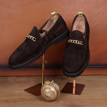 Light Weight Chunky Sole Loafers in Dark Brown Suede Leather with Golden Chain