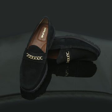 Black Suede Leather Penny Lug Sole Loafers with Golden Chain Embellishment by Brune & Bareskin