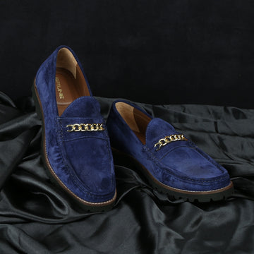 Chunky Sole Loafers in Blue Suede Leather