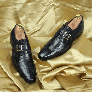 Black Deep Cut Leather Slant Toe Derby Monk Strap Shoes