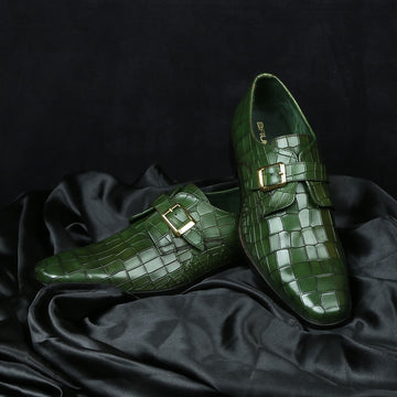 Green Deep Cut Leather Slant Toe Derby Monk Strap Shoes