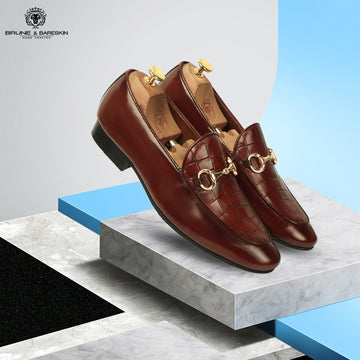 Dark Brown Patent Horse-bit Loafers with Deep Cut Croco Leather at Vamp