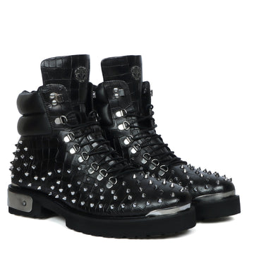 Studded Black Chunky Boots With Silver Metal Plate Deep Cut Zipper Closure