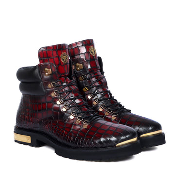Smokey Wine Chunky Boot With Golden Metal Plate Croco Textured Leather Lace-up Closure
