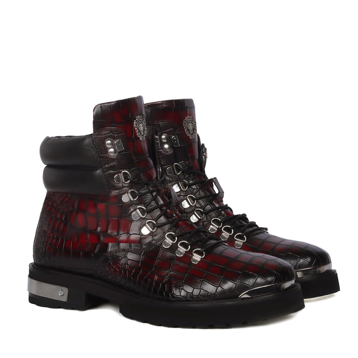 Smokey Wine Lace-Up Chunky Boots Metal Plate Zip Closure Croco Textured Leather By Brune & Bareskin