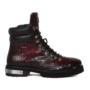 Smokey Wine Lace-Up Chunky Boots Metal Plate Zip Closure Croco Textured Leather By Brune & Bareskin